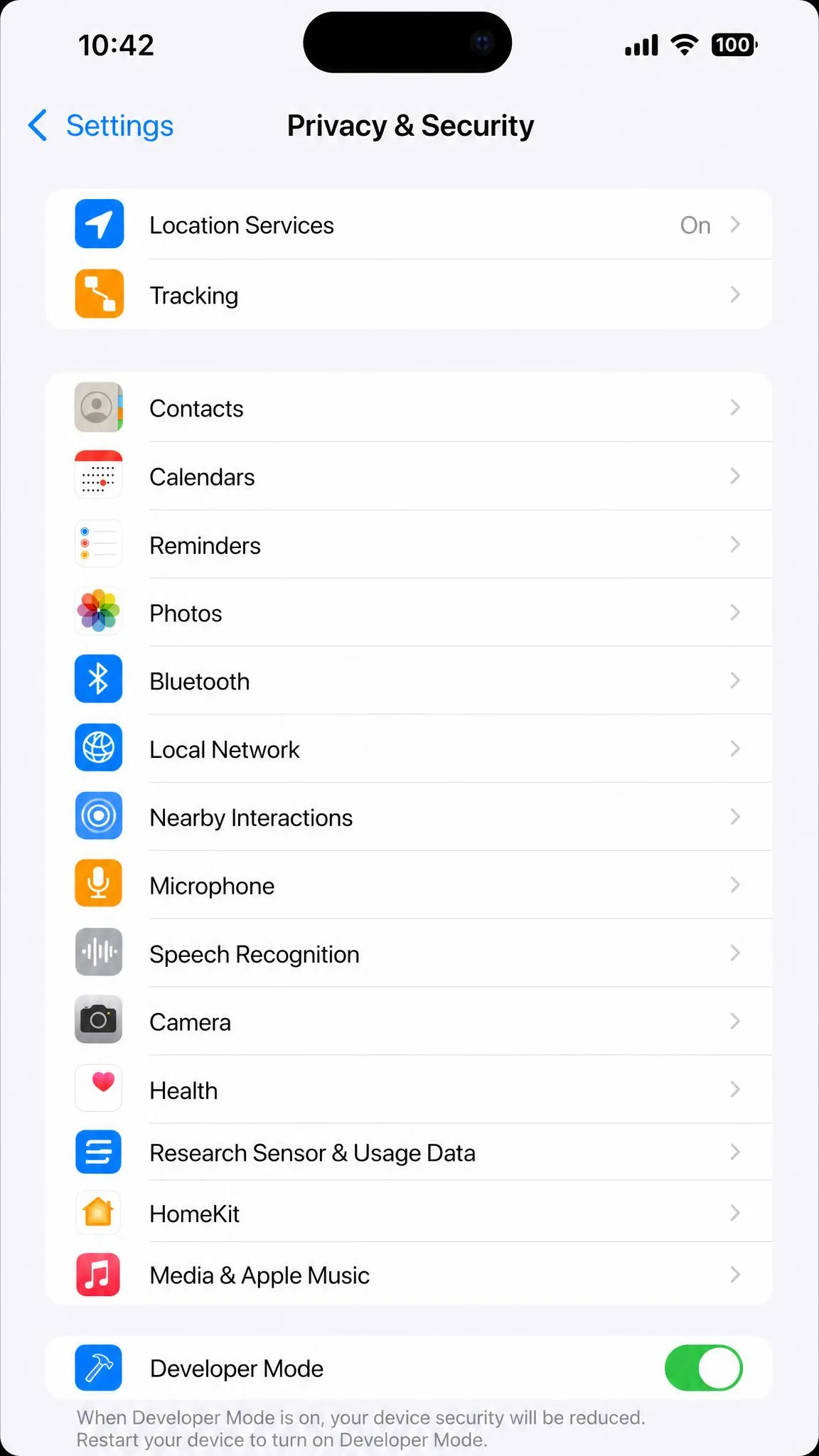 An iPhone Settings screen with Privacy and Security open and the Developer Mode toggle switched on, the step PoKeep requires before Universal Mode will connect.