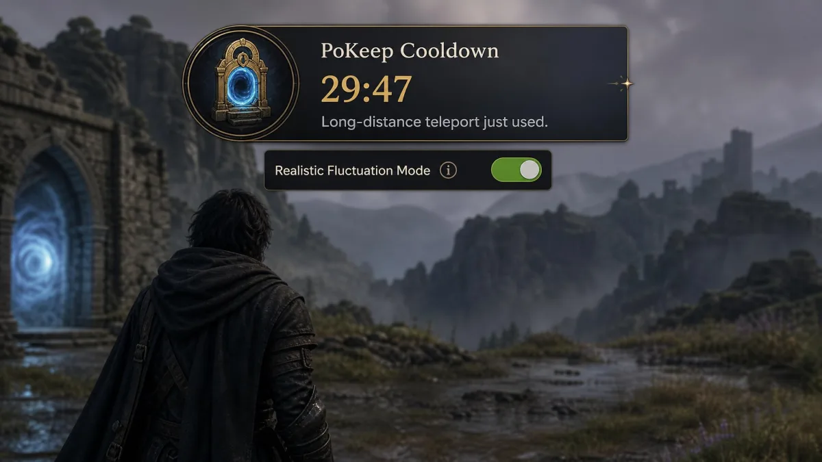 The PoKeep cooldown timer panel showing a countdown running after a long-distance teleport, with the realistic fluctuation mode toggle switched on directly beneath it.