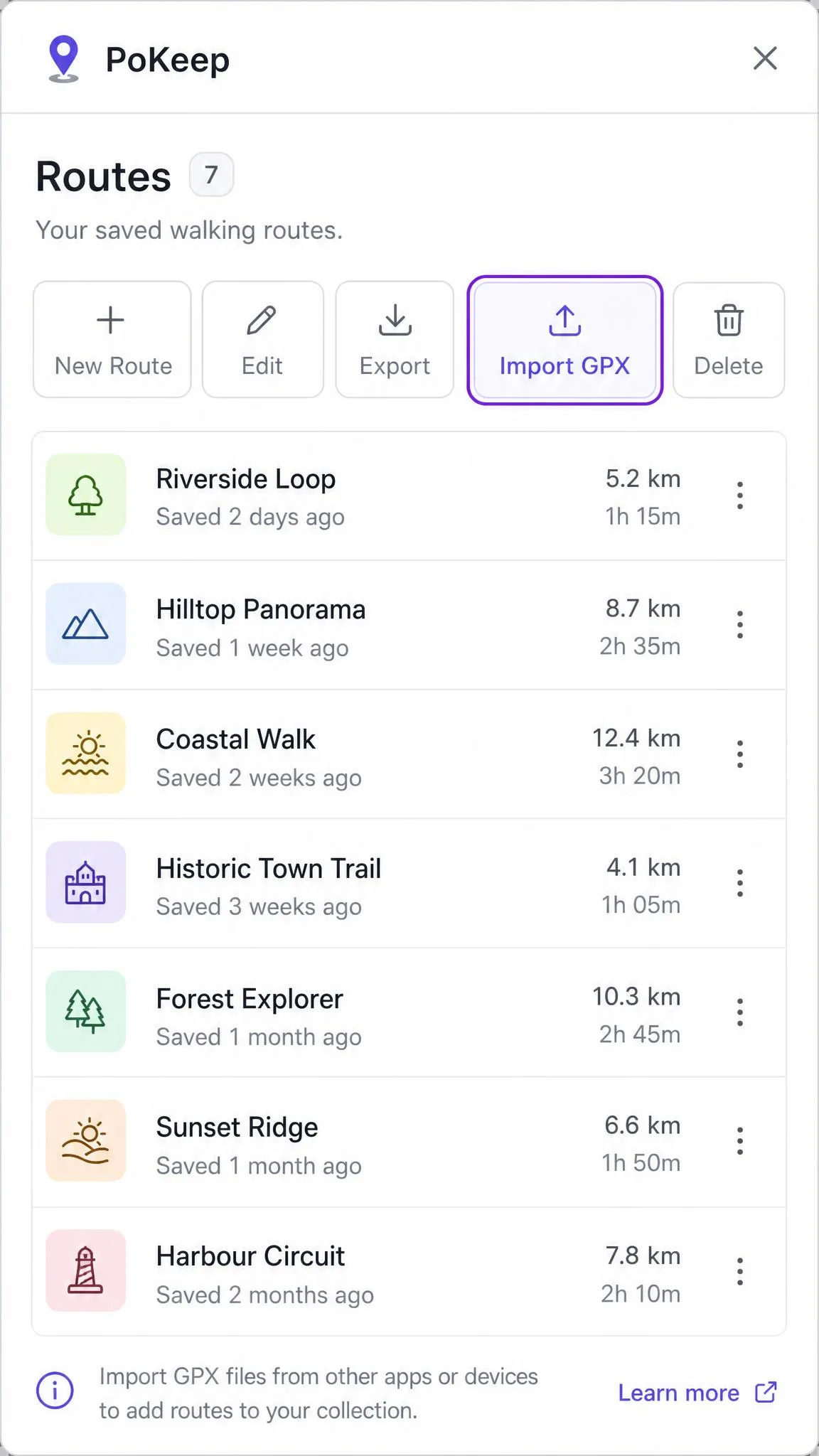 The PoKeep route collection panel listing several saved walking routes by name, with a GPX import button highlighted in the toolbar above the list.
