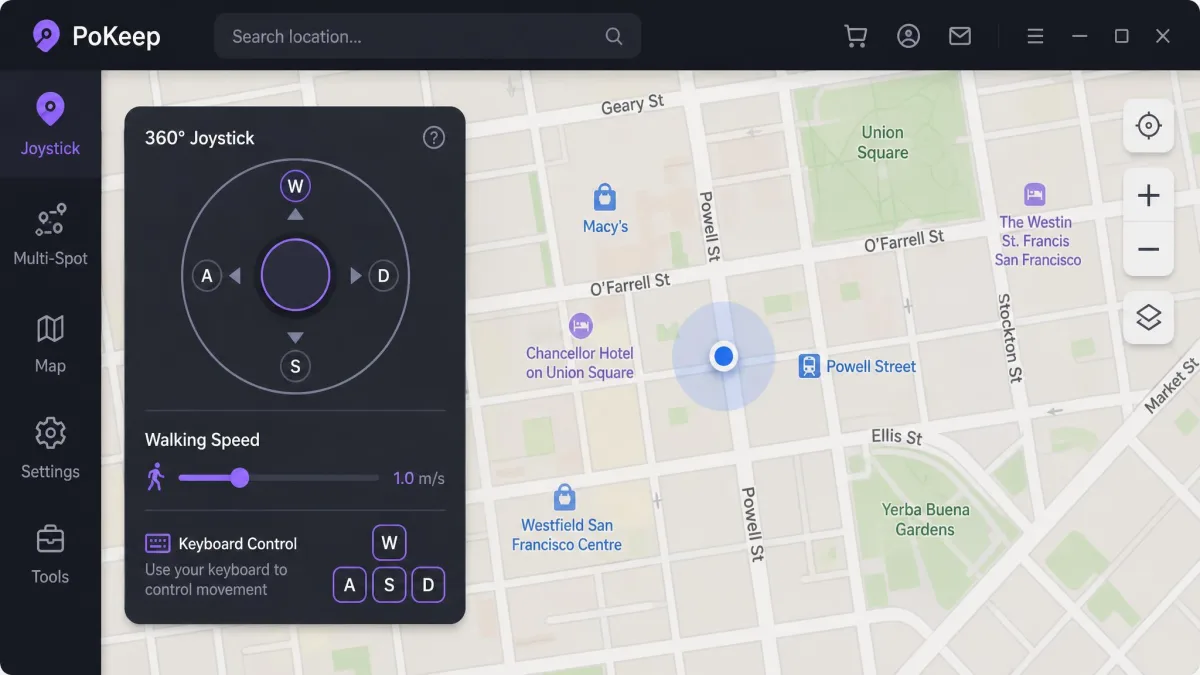 Close-up of the PoKeep desktop interface showing the circular 360-degree joystick overlay on a street map, with a walking speed slider set to a low pace and the W A S D key hints displayed beside it.