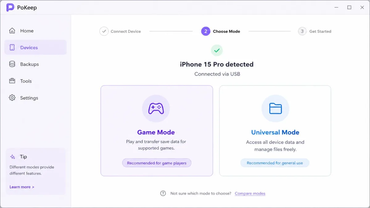 The PoKeep desktop connection screen at step two, showing an iPhone detected over USB with the Game Mode and Universal Mode options presented as two large selectable cards.