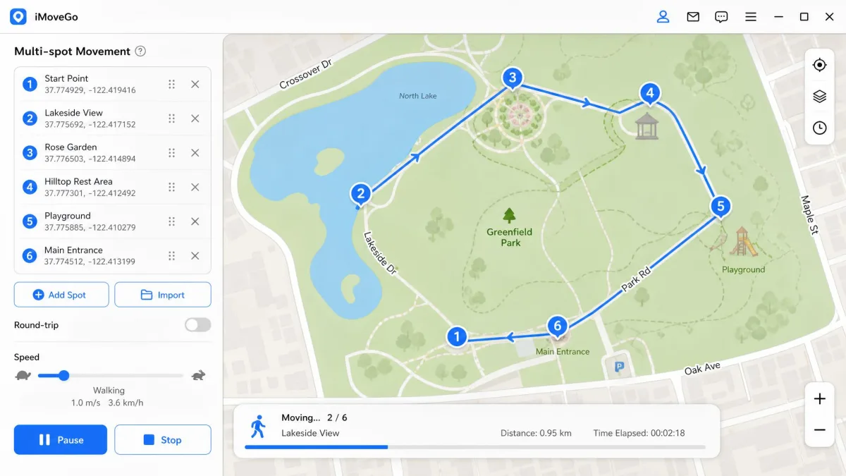 iMoveGo multi-spot route in progress with six numbered waypoints along a park path, the speed slider set to walking pace, and a progress bar under the map.