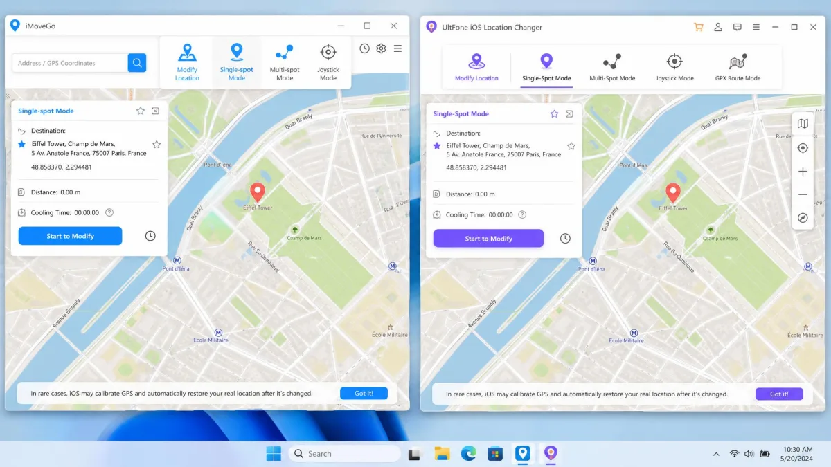 Side-by-side screenshot of the iMoveGo and UltFone iOS Location Changer map windows on Windows, each showing a pinned destination and the mode toolbar along the top.