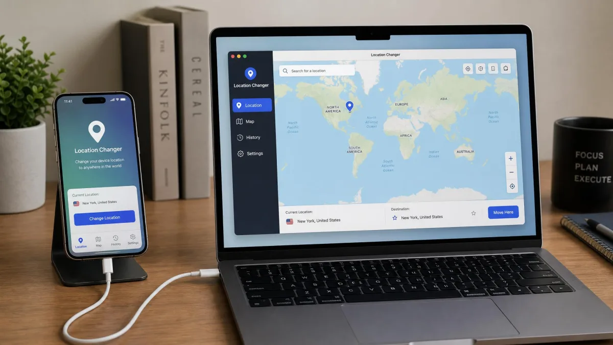 An iPhone connected by a white USB cable to a laptop on a desk, with a location changer app open on screen showing a world map and a search field.