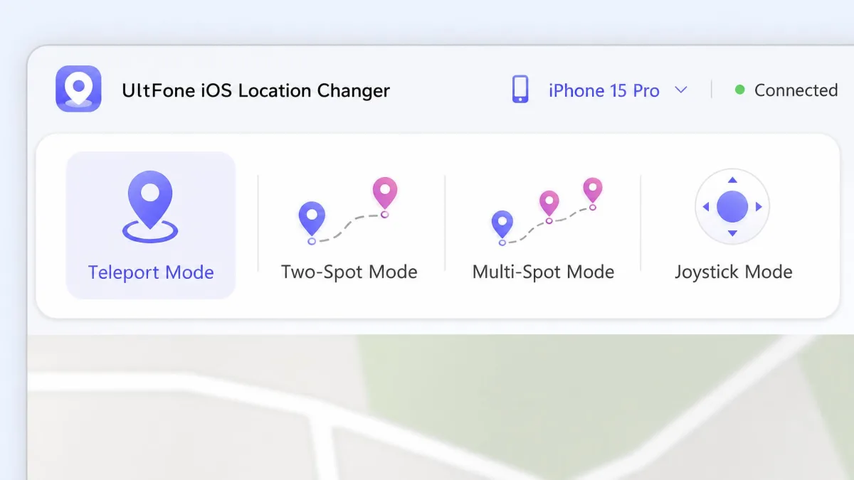 Close-up of the UltFone iOS Location Changer mode toolbar showing the teleport, two-spot, multi-spot and joystick icons with a connected iPhone name in the corner.