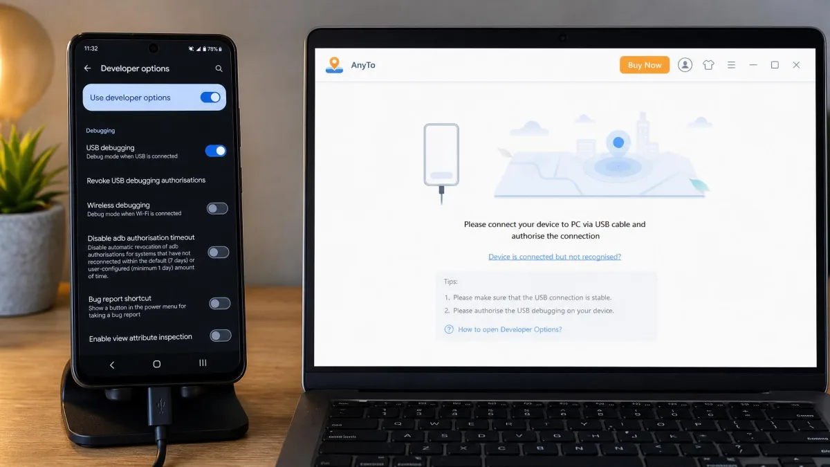 An Android phone showing the USB debugging toggle in Developer Options next to a laptop running AnyTo and waiting for the device to authorise the connection.