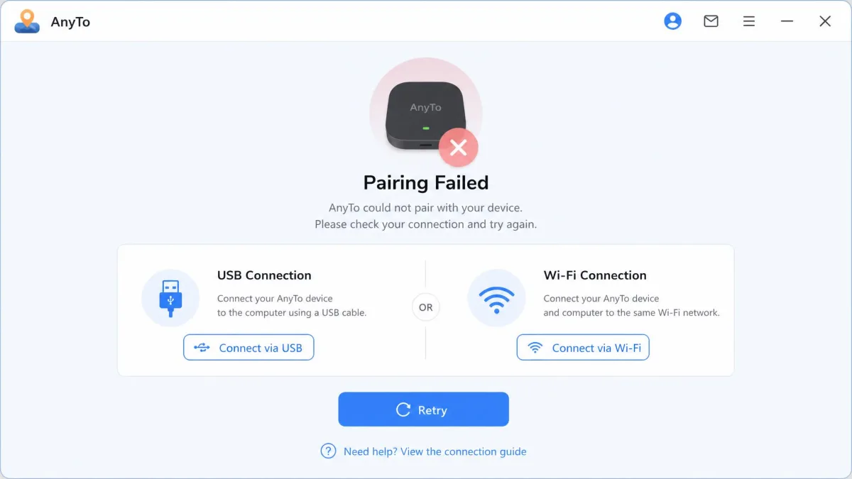 The AnyTo device connection screen showing a failed pairing message with USB and Wi-Fi connection options and a retry button.