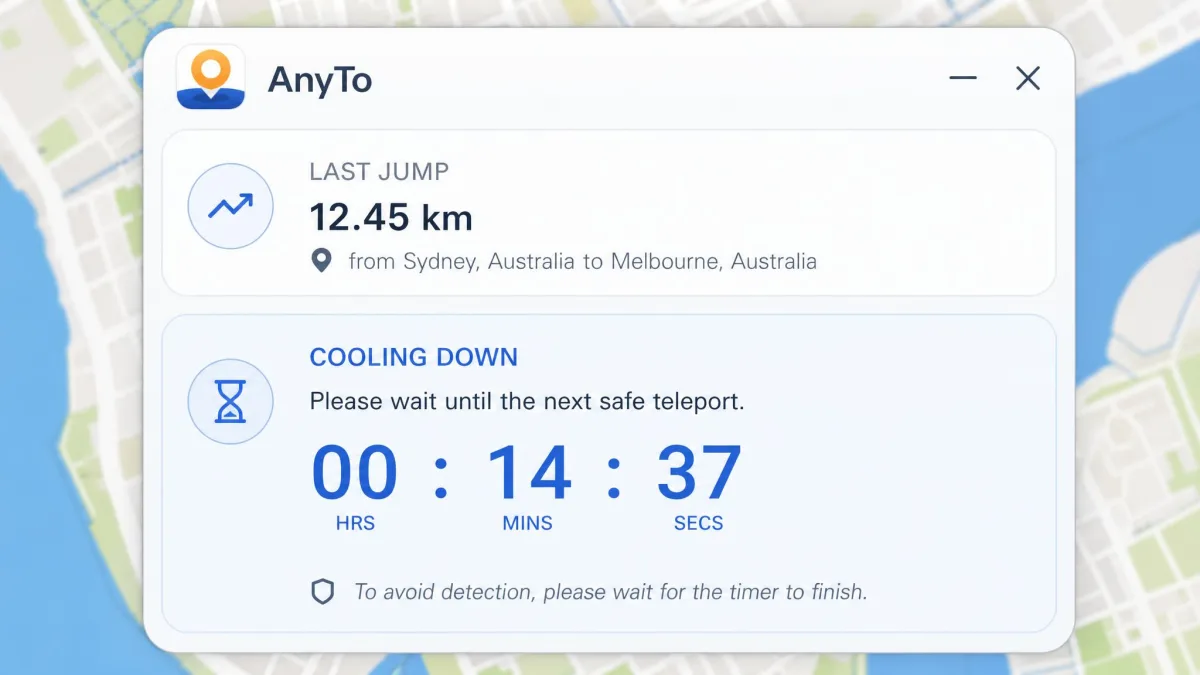 The AnyTo cooling timer panel displaying a countdown before the next safe teleport, with the last jump distance shown above it in kilometres.