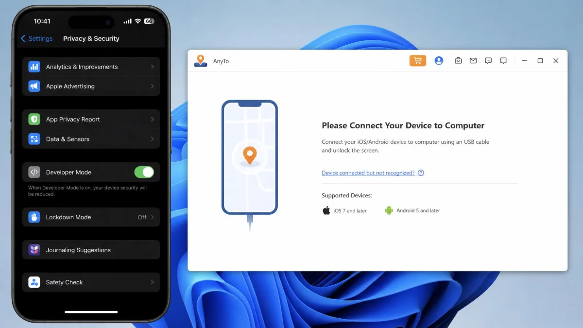 An iPhone screen showing the Developer Mode toggle in Privacy and Security settings alongside the AnyTo desktop window waiting on a device connection prompt.