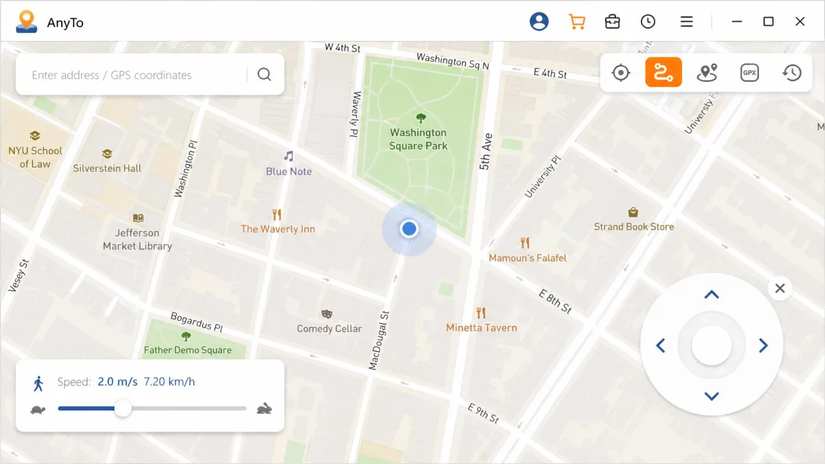The AnyTo joystick overlay sitting over a street map, with the circular directional control in the lower right corner and a speed slider set to walking pace.