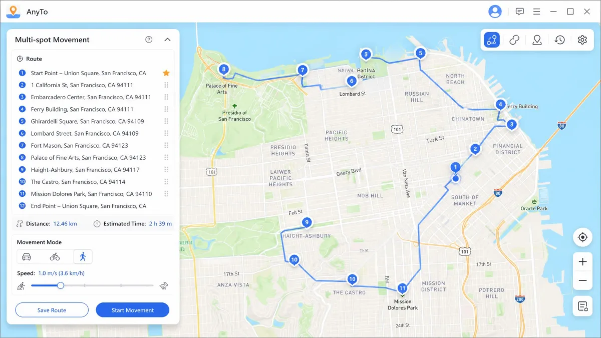 The AnyTo multi-spot mode with a dozen numbered waypoints connected across a city map, a speed slider set to walking pace, and the total route distance displayed in the sidebar.