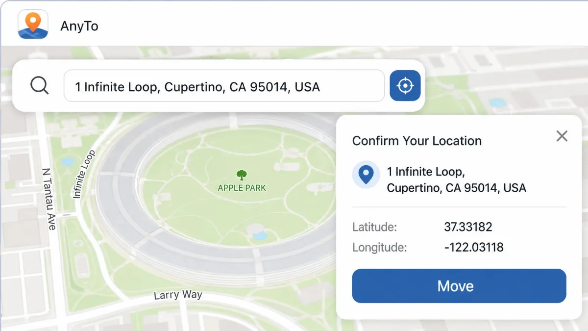 Close-up of the AnyTo teleport mode search bar with an address typed in and a confirmation panel showing latitude and longitude before the Move button is pressed.