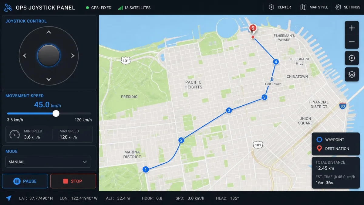 GPS joystick panel with a virtual joystick control and a movement speed slider showing values from 3.6 km/h to 120 km/h, with route points plotted on a map.