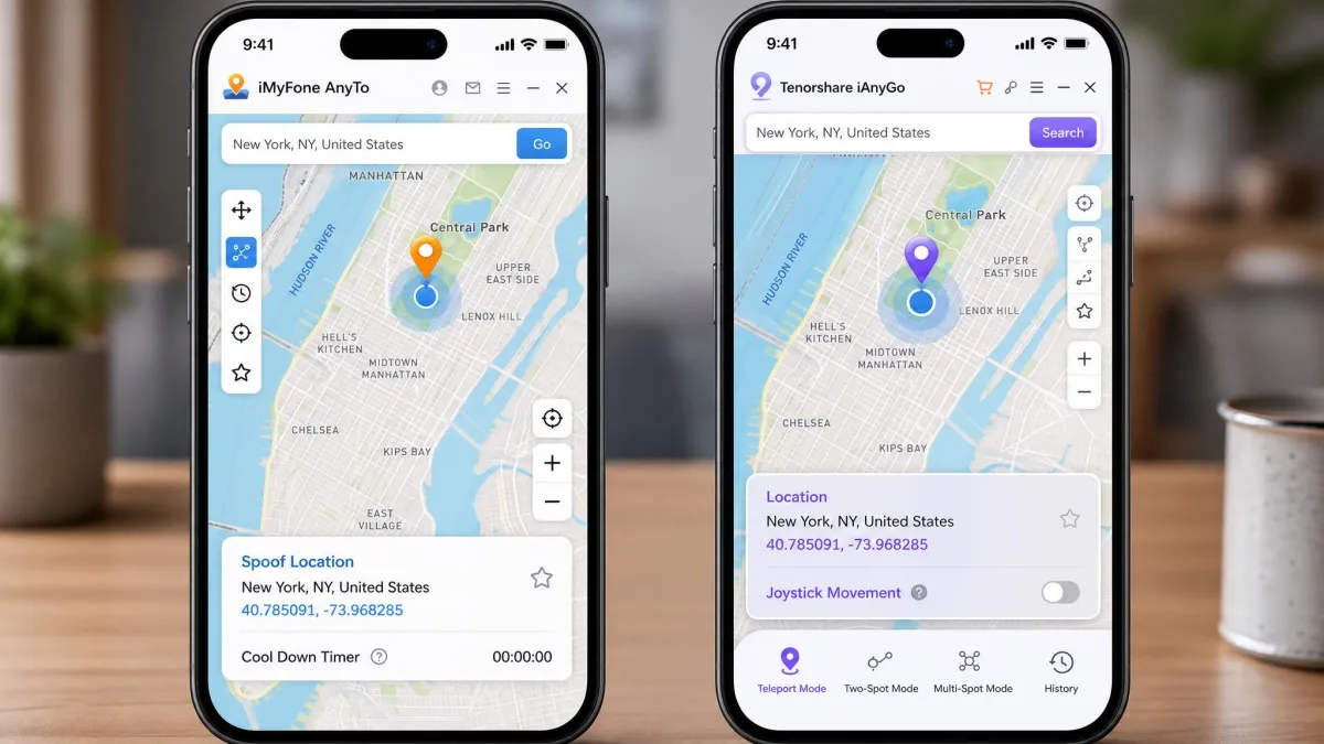 Two smartphones side by side showing a spoofed GPS location pin on a city map, with one screen displaying the iMyFone AnyTo desktop map and the other showing Tenorshare iAnyGo's location interface.