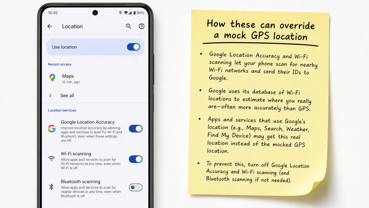 Phone location settings screen with Google Location Accuracy and Wi-Fi scanning toggles, next to a note explaining how these services can override a mock GPS location.
