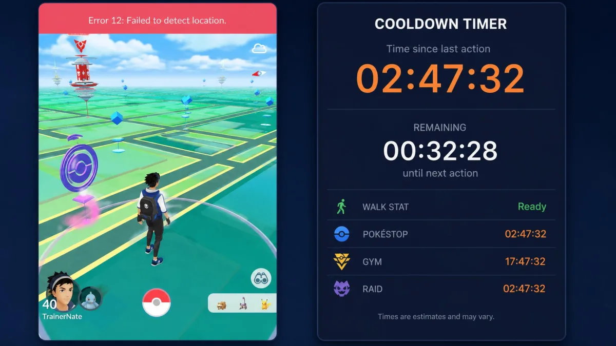 Pokemon Go player screen beside a cooldown timer panel, with the red Error 12 location detection banner visible at the top of the game screen.
