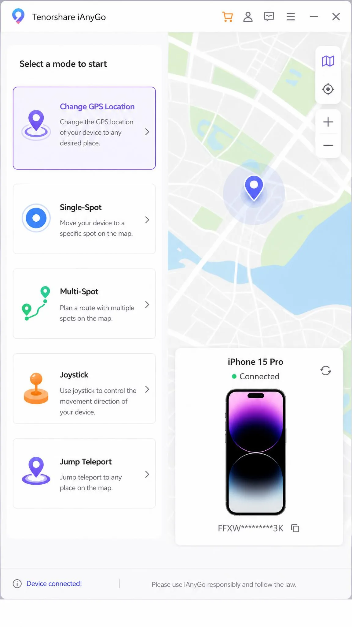 Tenorshare iAnyGo desktop window with the five-mode selector showing Change GPS Location, Single-Spot, Multi-Spot, Joystick, and Jump Teleport options for a connected iPhone.