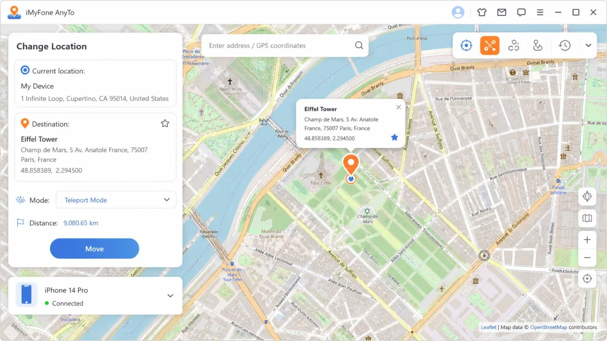 iMyFone AnyTo desktop client map view with a destination pin selected and the device connection panel on the left side.