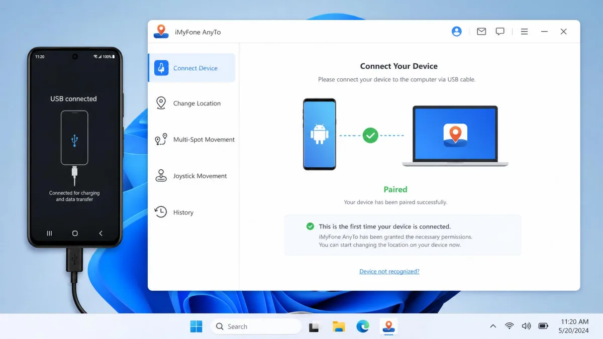 Smartphone connected to the iMyFone AnyTo desktop client over USB during first-time setup, with the connection status shown as paired.