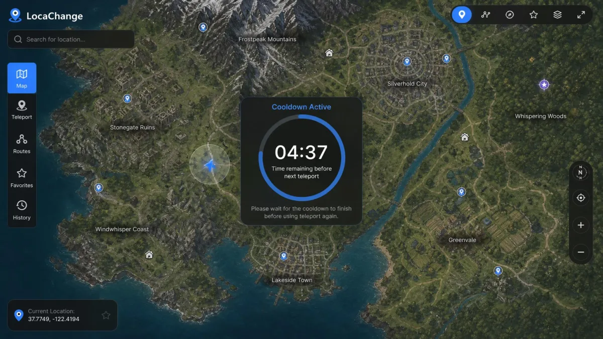 LocaChange map view with the built-in cooldown countdown timer overlay showing the remaining wait time after a teleport.