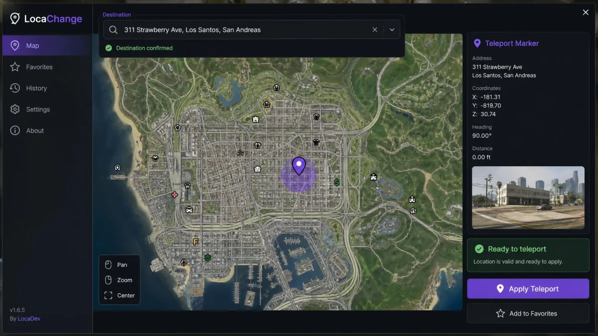 LocaChange map screen with a typed destination address and a confirmed teleport marker ready to apply.