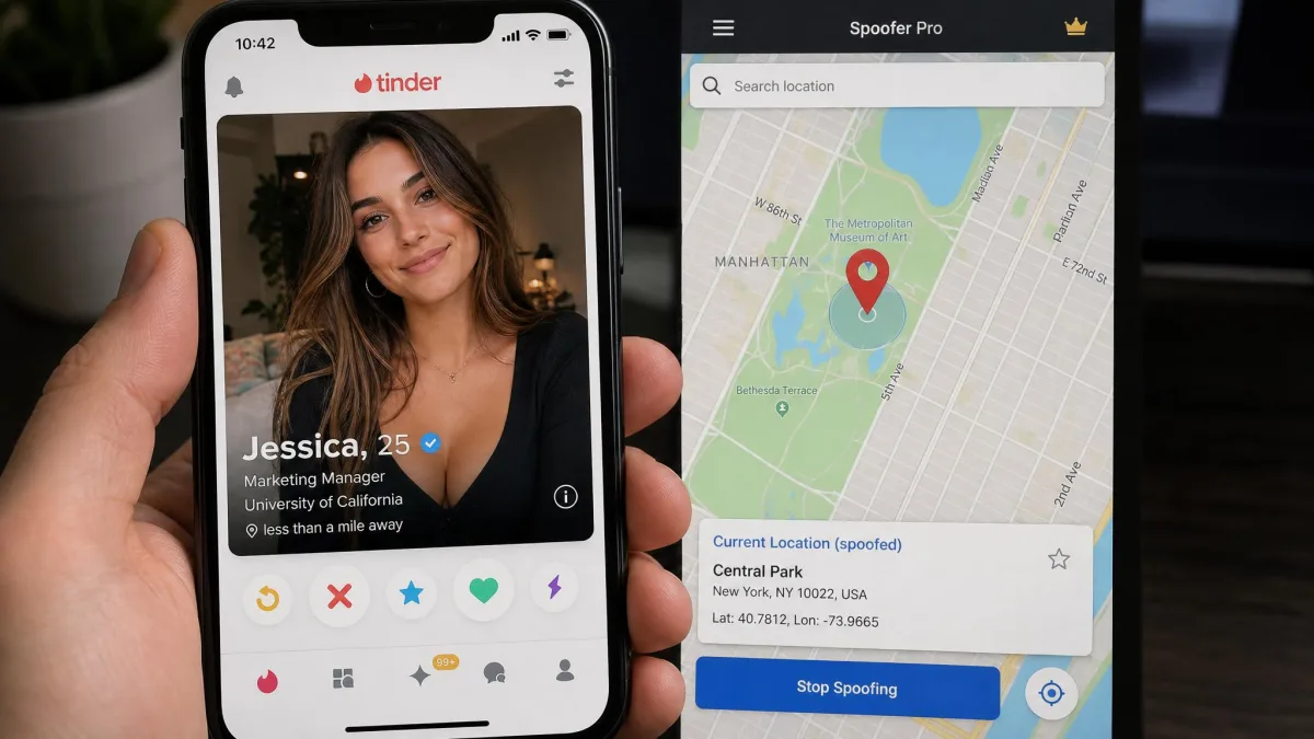 Smartphone screen showing a dating app profile card beside a map with a spoofed location pin.
