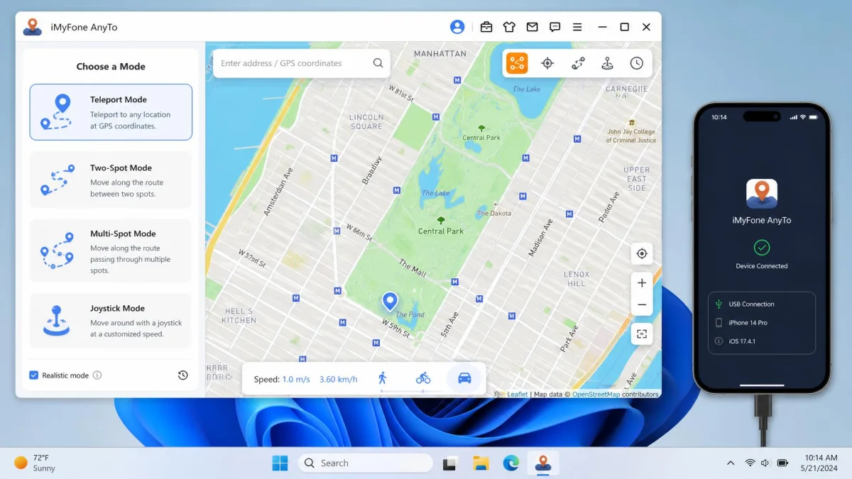 The iMyFone AnyTo desktop interface on Windows showing the map view, the mode menu on the left, and a phone connected over USB.