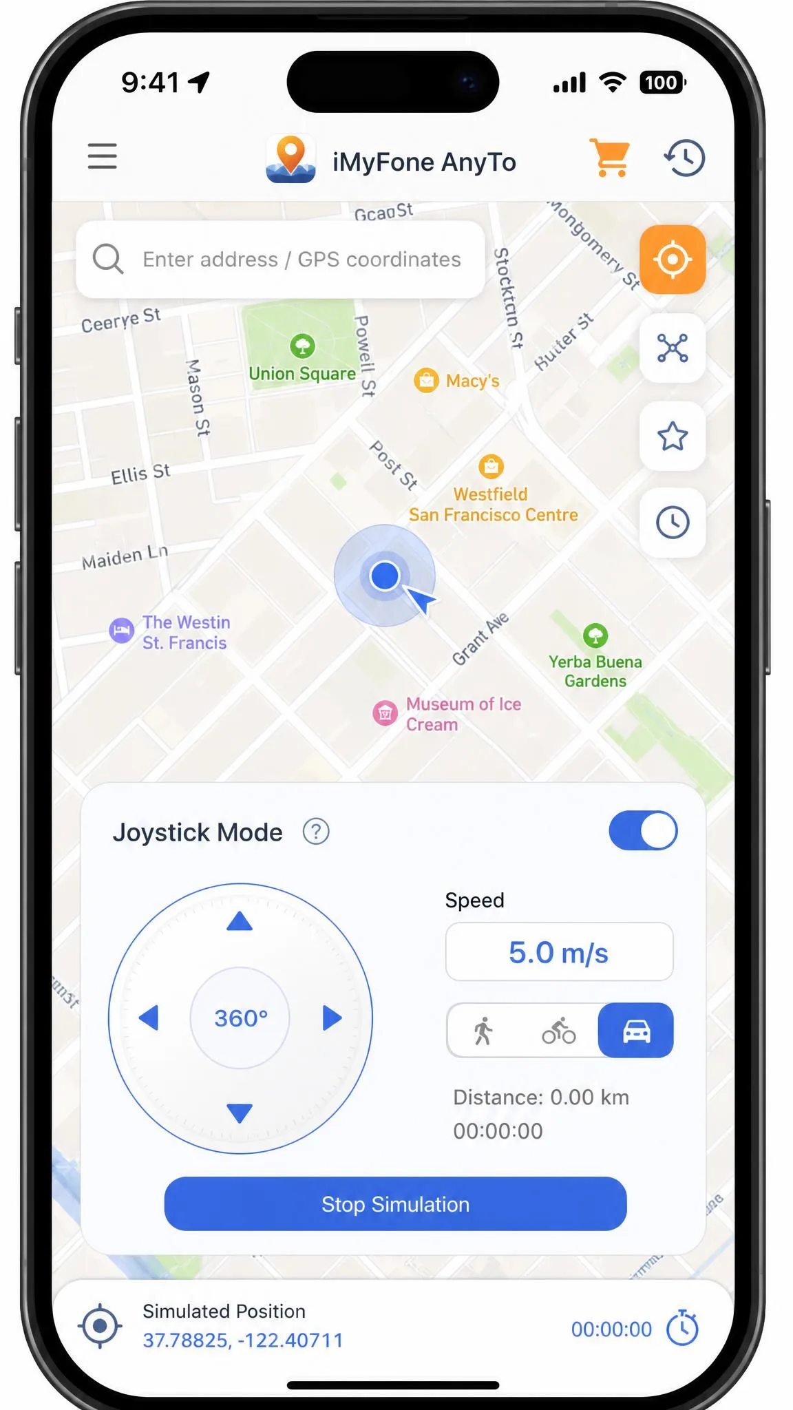 The iMyFone AnyTo joystick mode on an iPhone showing the 360-degree dial, the speed readout, and the simulated position marker on a street map.