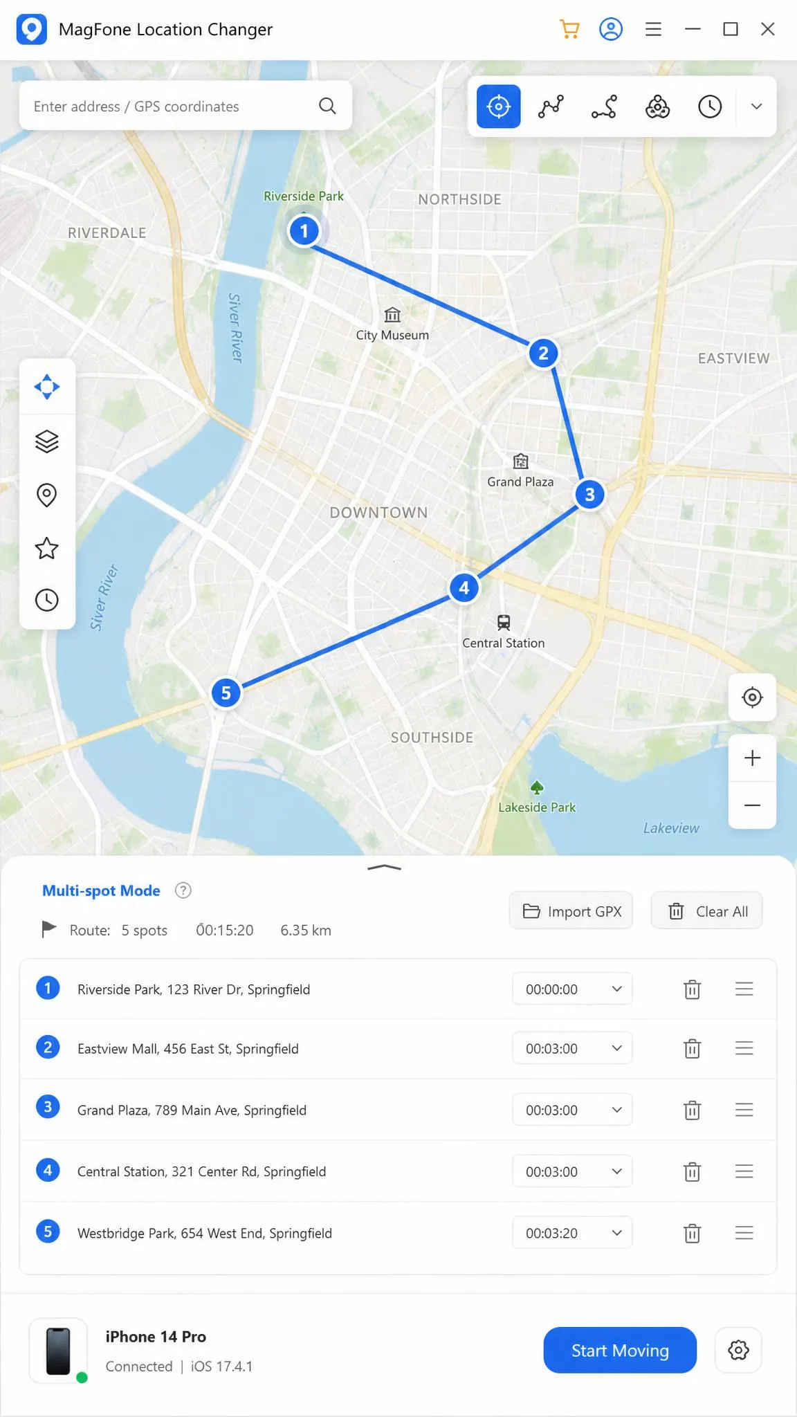 The MagFone Location Changer desktop map view showing a multi-spot route across a city with numbered waypoints and a connected iPhone listed at the bottom.