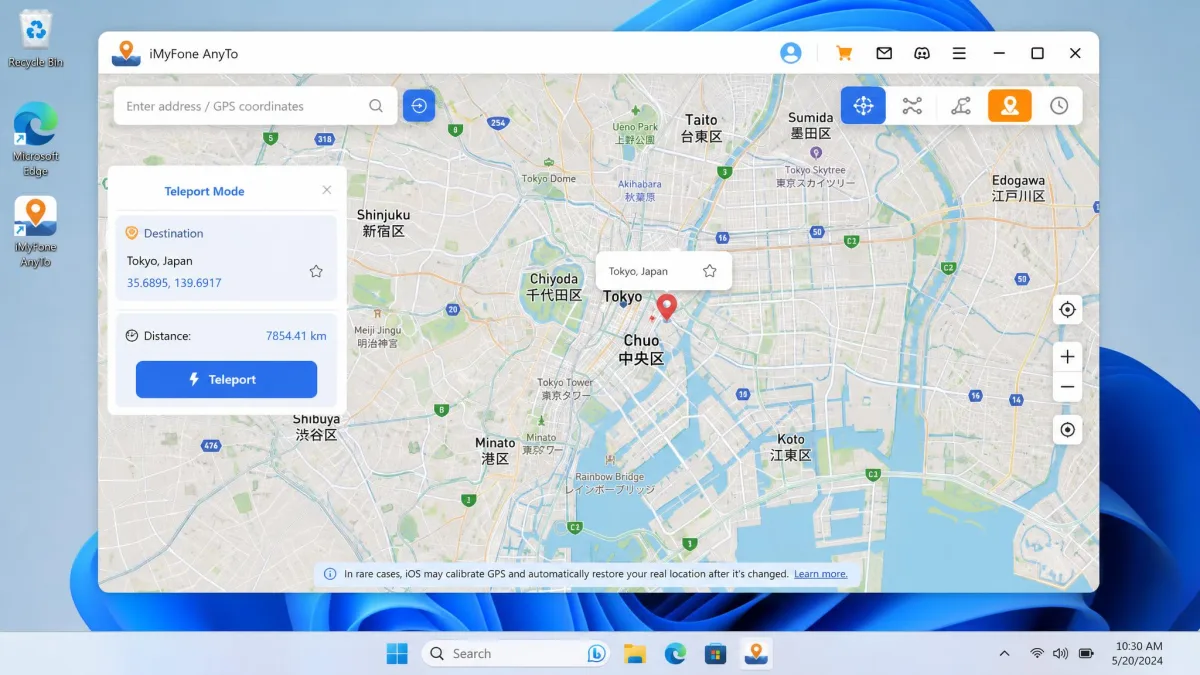 iMyFone AnyTo's map screen with a destination pin dropped on Tokyo and the one-click Teleport button ready, shown on a Windows desktop.