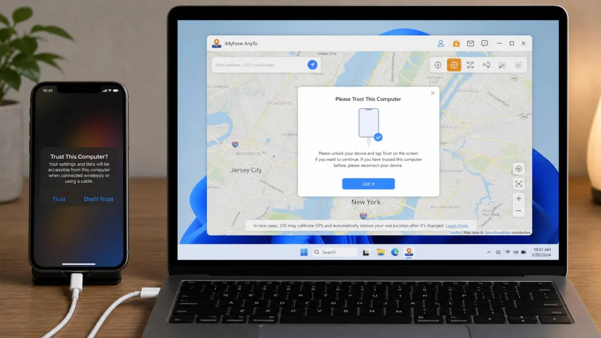 An iPhone connected to a laptop with a USB cable while the iMyFone AnyTo desktop app shows the Trust this computer prompt.