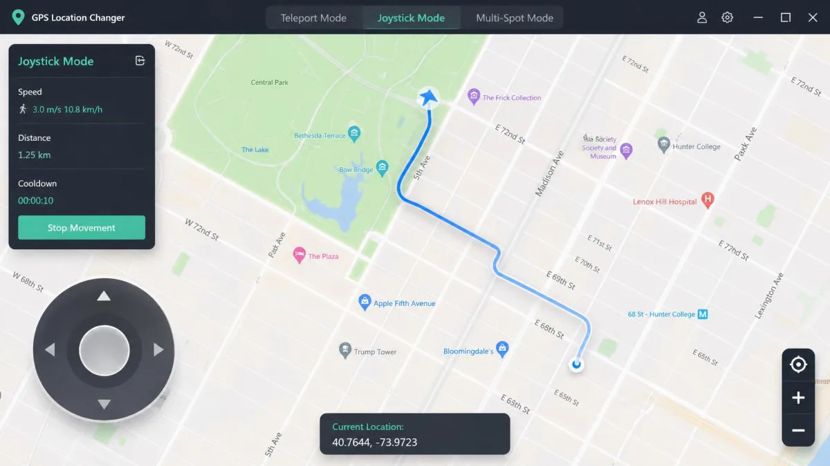 Joystick mode in a GPS location changer with a virtual joystick pad in the corner and a route line trailing across the map.