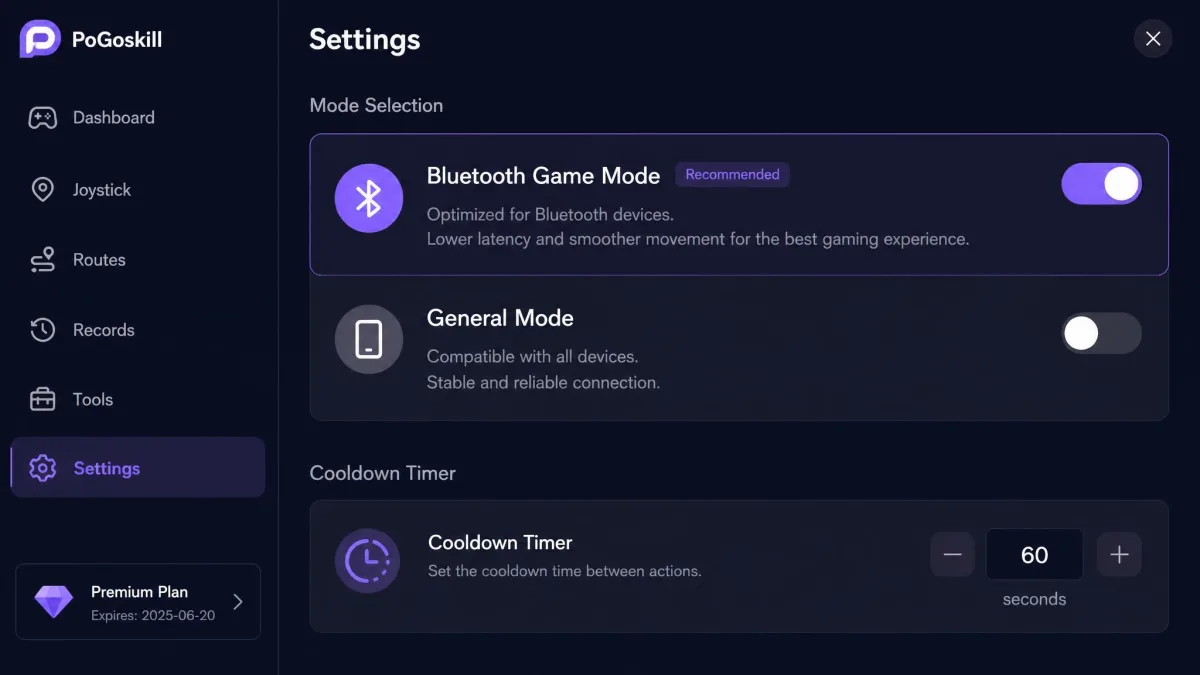 PoGoskill's settings screen with the Bluetooth Game Mode switch and the General Mode option, plus the cooldown timer listed underneath.