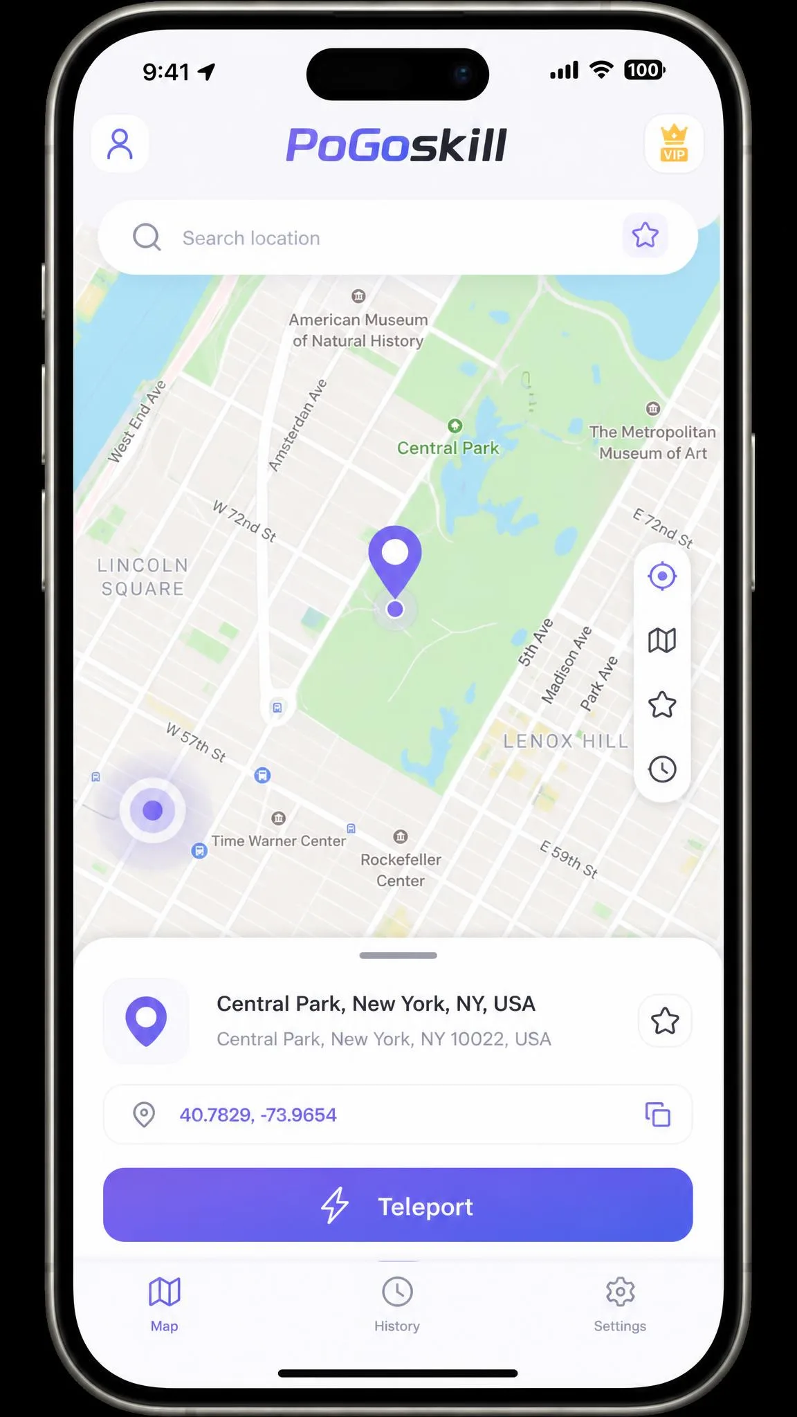 PoGoskill running on an iPhone with the map view, a pinned destination and the Teleport action at the bottom of the screen.