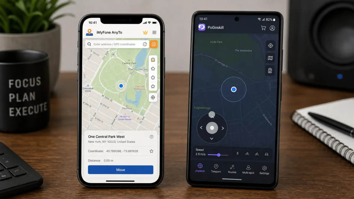 Two phones side by side, an iPhone running iMyFone AnyTo's map view and an Android phone running PoGoskill's joystick view, on the same desk.