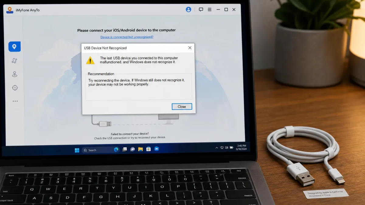 A Windows error dialog for an unrecognized USB device during an iMyFone AnyTo connection attempt, with an original Apple cable lying beside the laptop.