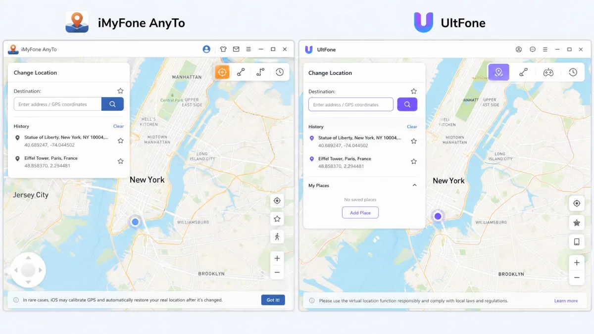 iMyFone AnyTo and UltFone desktop map interfaces side by side with destination search boxes.
