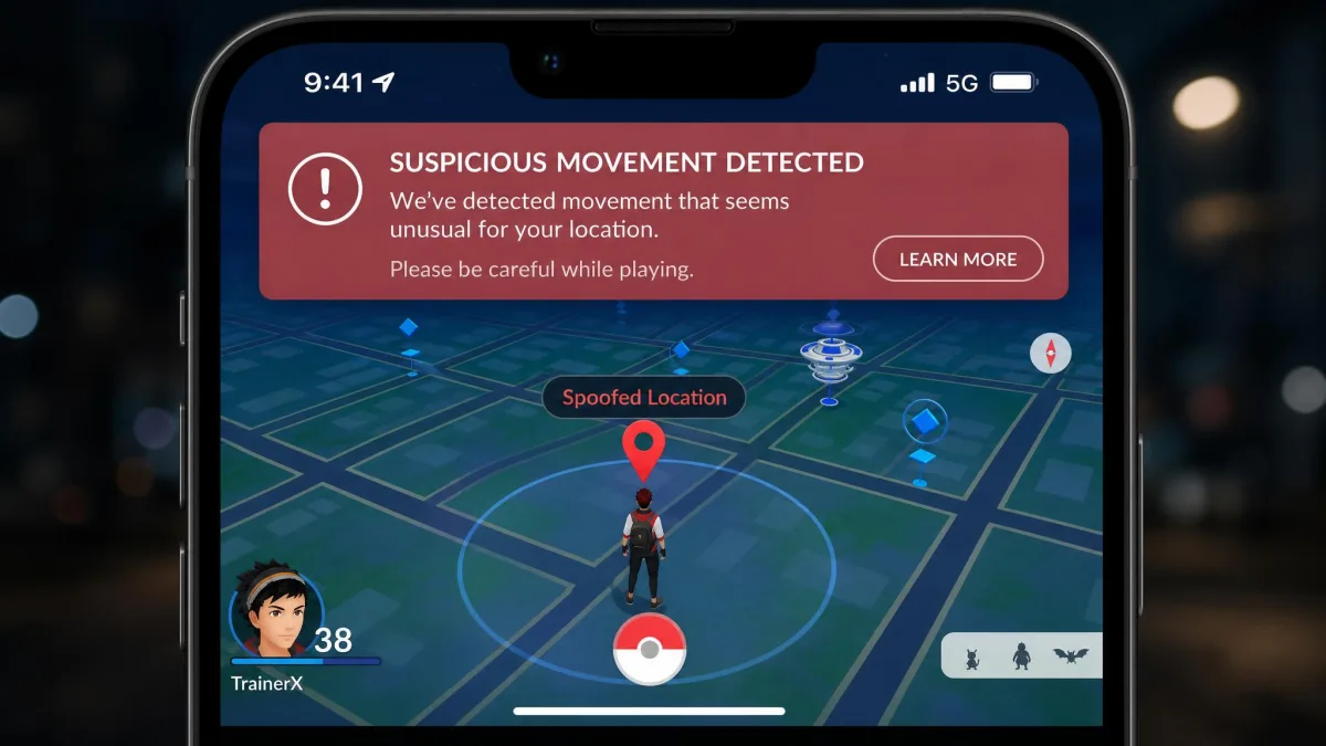Smartphone map showing a spoofed location pin with an in-game warning banner about suspicious movement.