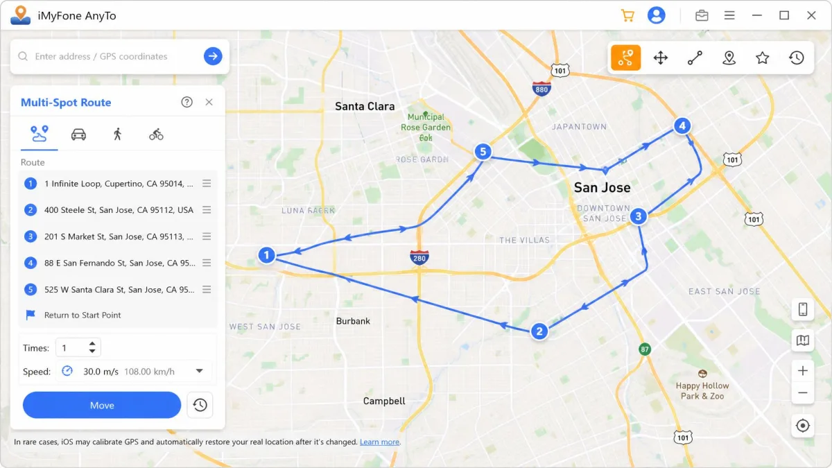 iMyFone AnyTo drawing a Multi-Spot route with numbered waypoints across a city map.
