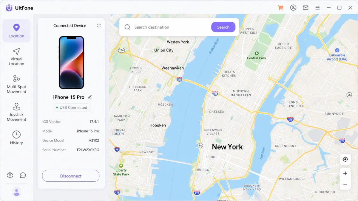 UltFone desktop app with a destination search box over a city map and the connected iPhone in the device panel.