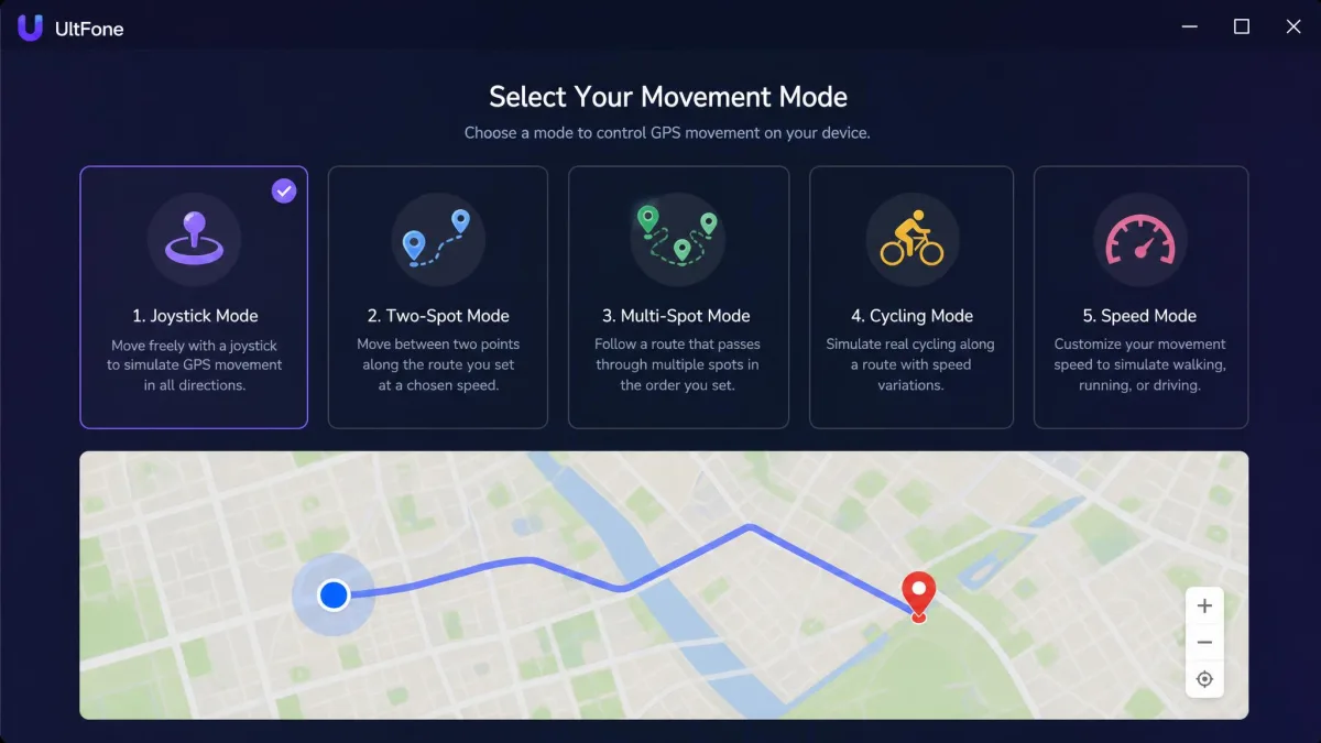 UltFone mode selection screen listing its five movement modes above a map preview.