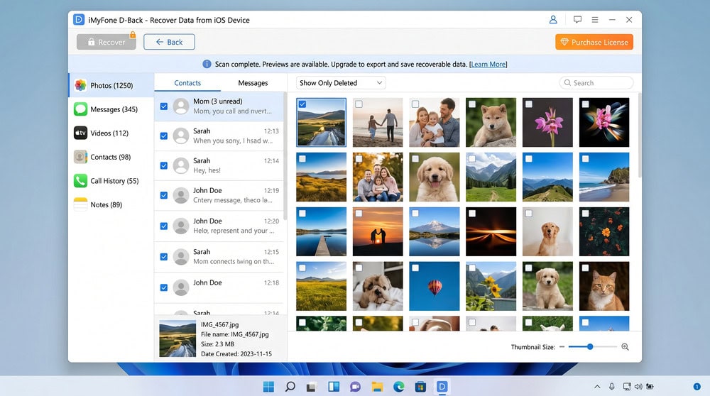 iMyFone D-Back scan results screen on Windows showing recoverable photos and messages in a preview grid with checkboxes, before payment is required to export.