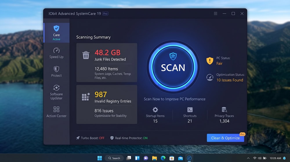 IObit Advanced SystemCare 19 main dashboard on Windows 11 with the central Scan button and a summary of detected junk files and registry entries.