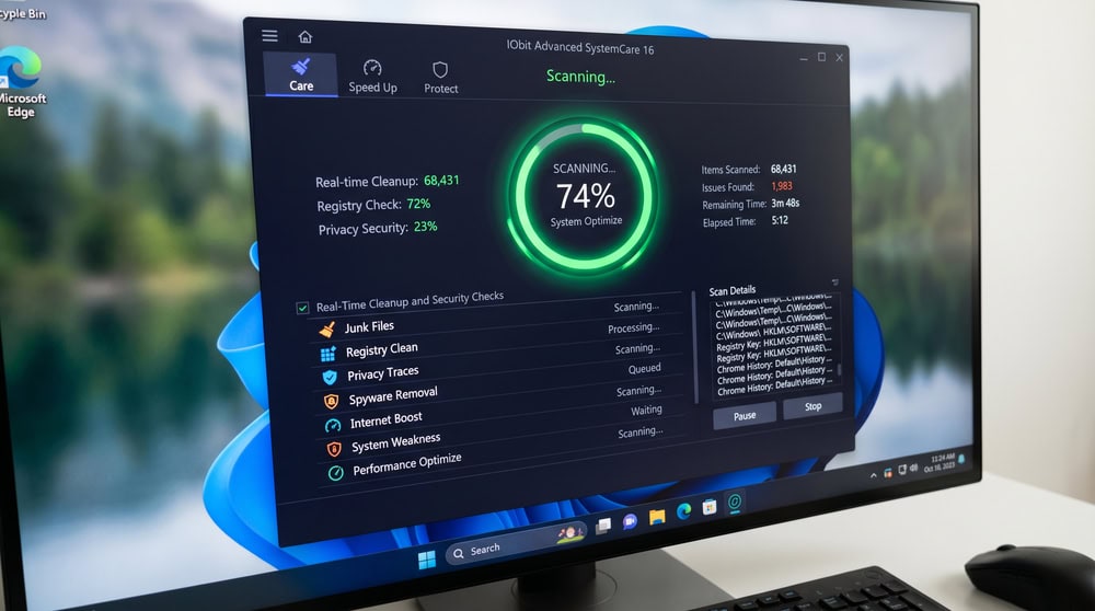 IObit Advanced SystemCare scan in progress on Windows 11 with a circular progress ring and a running list of cleanup and security checks.