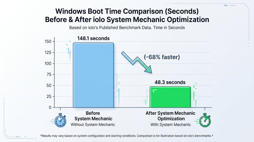 Bar chart comparing Windows boot time before and after iolo System Mechanic, dropping from about 148 seconds to about 48 seconds per iolo's published benchmark data.