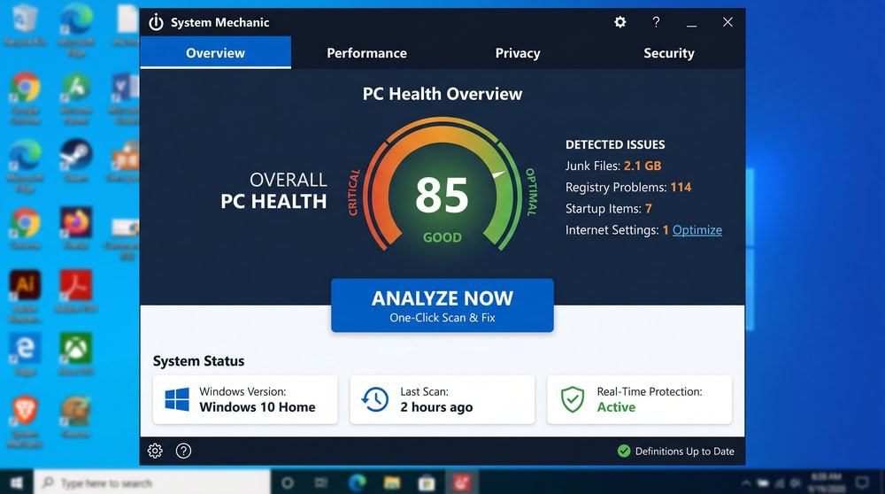 iolo System Mechanic overview screen on Windows 11 showing the one-click Analyze button and an overall PC health score with detected-issue counts.