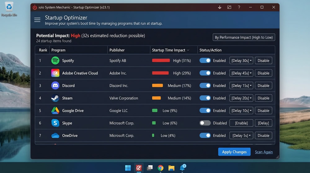 iolo System Mechanic startup optimizer listing Windows startup programs ranked by performance impact with toggles to delay or disable each entry.