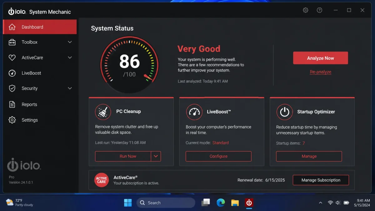 The iolo System Mechanic dashboard on Windows 11, dark grey interface with red accents, showing an overall system status score and tiles for PC Cleanup, LiveBoost and Startup Optimizer.