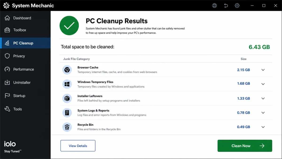 System Mechanic PC Cleanup results screen listing junk file categories with sizes in gigabytes, including browser cache, Windows temporary files and installer leftovers, with a Clean Now button.