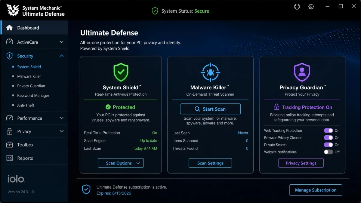 System Mechanic Ultimate Defense security panel showing System Shield antivirus status, Malware Killer scan option and Privacy Guardian tracking controls side by side.